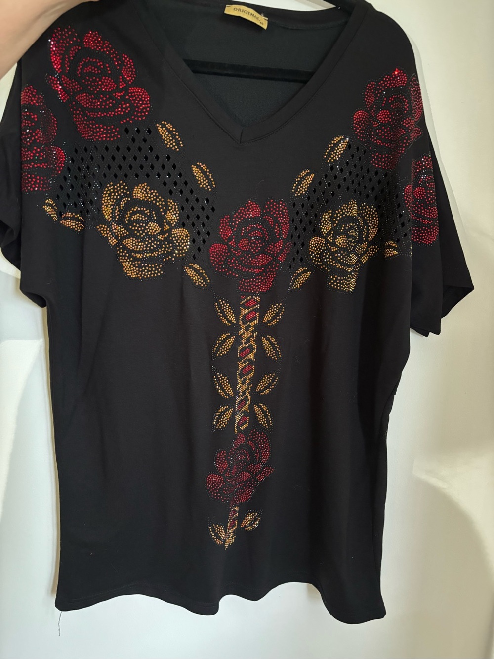 Embellished Black V-Neck Top with Red & Gold Rose Design